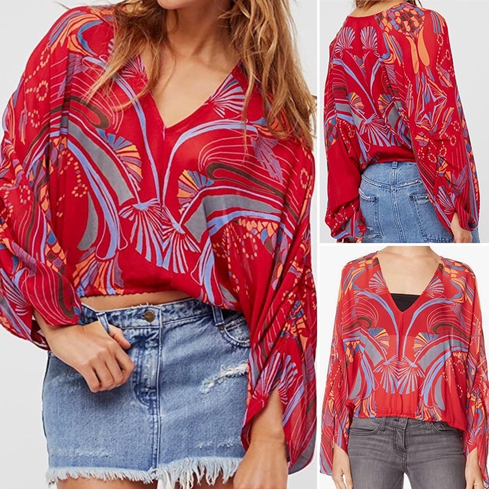 Free People Butterfly Sleeve Sheer Blouse Red Medium Art Nuevo Top
